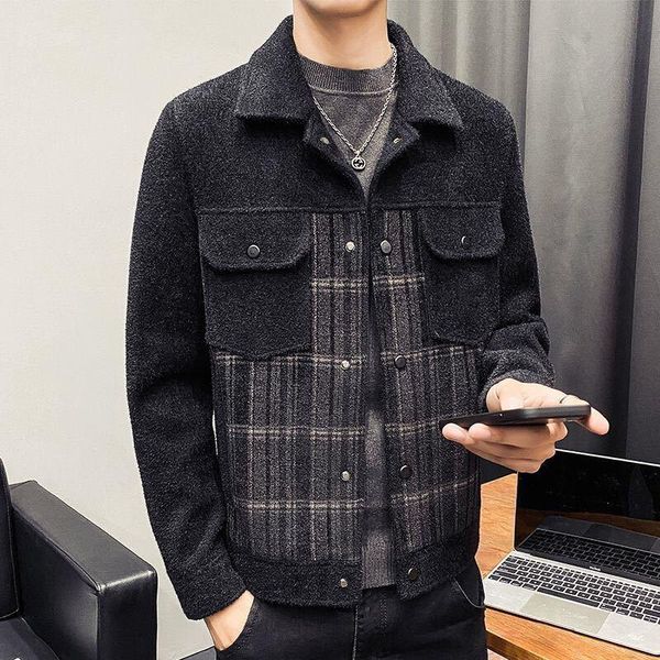 

men's wool & blends 2021 autumn winter lapel blend coat men fashion wild overcoat male plaid thicken keep warm casual outerwear f334, Black