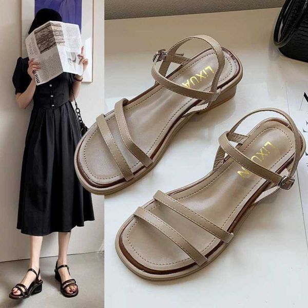 

casual shoes women's sandals summer thick heel 2021 new fashion easy to match korean bandage open toe with skirt roman 5p1d, Black