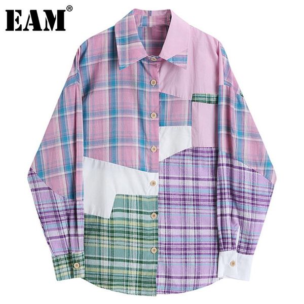 

[eam] women plaid geometric print oversized blouse lapel long sleeve loose shirt fashion tide spring autumn 2021 1dd2084 women's blouse, White