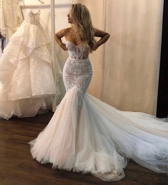 

lace mermaid wedding dresses appliques sweetheart court train tulle strapless plus size bridal gowns vestidos de novia, White