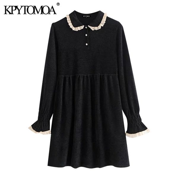 

women chic fashion with lace trim ruffled chenille mini dress long sleeve buttons female dresses mujer 210420, White