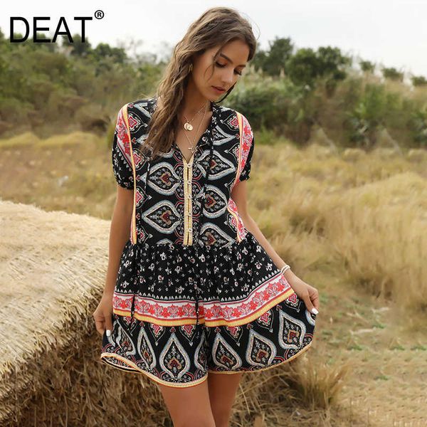 

[deat] summer fashion high waist short sleeve single-breasted loose temperament printing jumpsuit women 13c642 210527, Black;white