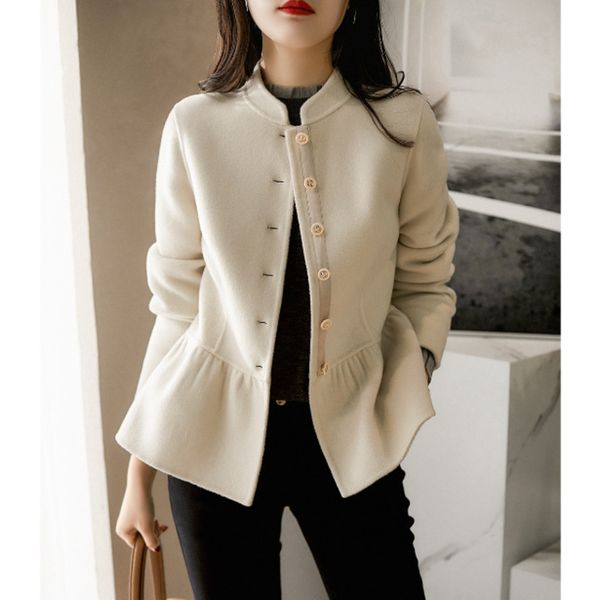 

wear hand-made double-sided wool cashmere lotus leaf short coat, Black;brown