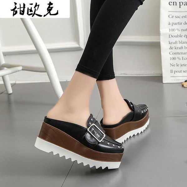 

sandals summer non-slip platform women fashion rivet square buckle baotou outdoor casual shoes prtt, Black