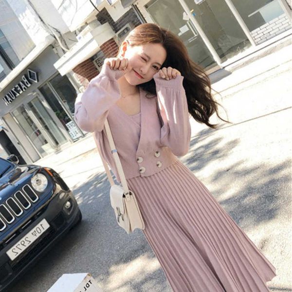 

two piece dress autumn winter women knitted double-breasted pink long sleeved coat + skirt for pleated set 1q2q, White
