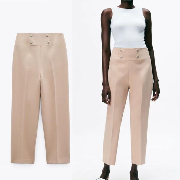 

women's pants & capris za 2021 buttoned high waist women vintage back pleat summer trouser fashion side zip feminine casual office lady, Black;white