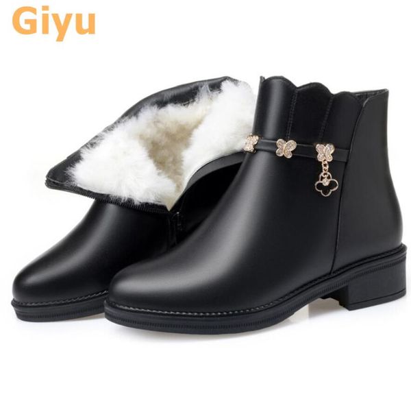 

boots giyu 2021 women's winter genuine leather wool keeps warm cotton shoes fashion snow plus size ankle female, Black