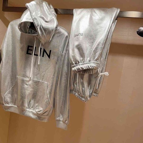 

brand coats ce * 2021 early autumn new metal silver coated hoodie, leggings, casual pants, fashion suit, women, Black