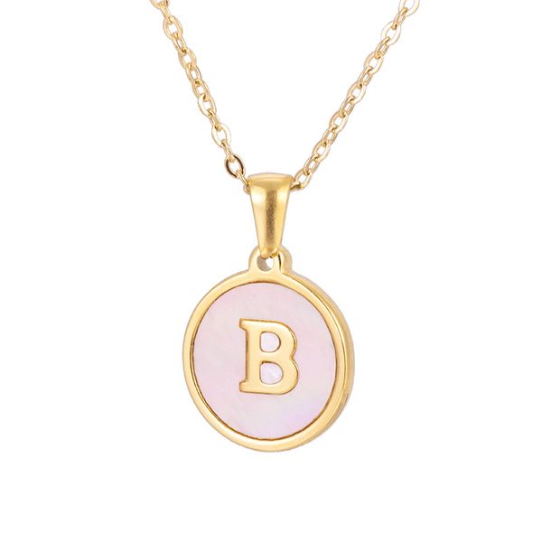 

18k gold plated round shape letter pendant necklaces stainless steel pink shell golden alphabet letters necklace for women wholesale, Silver