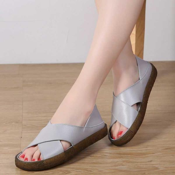 

sandals leather hollow out for women 2021 summer versatile flat bottom deep mouth single shoes, Black