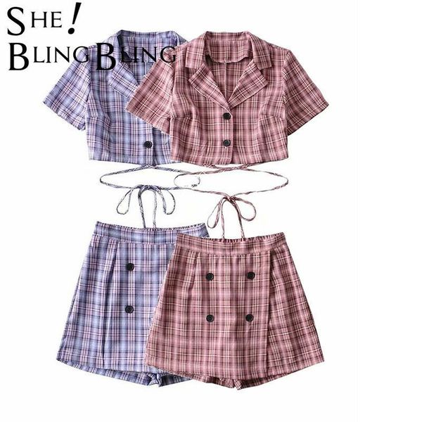 

women's tracksuits sheblingbling fashion casual girls 2 piece sets notched collar cropped shirt and shorts women checked suit summer pl, Gray