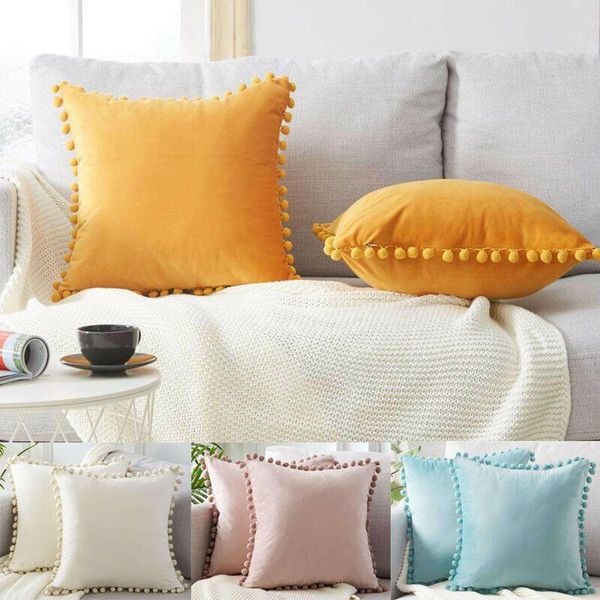 

pillow case soft particle velvet cushions covers pom-poms pillowcase bedroom living room solid color square shape sofa decoration