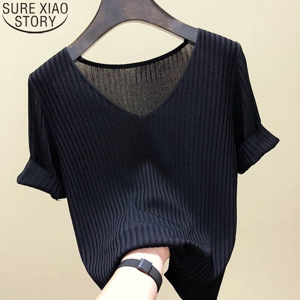 

silk women t-shirt knit shirts loose v neck black tees short sleeve fashion spring summer thin bottoming shirt 13539 210417, White