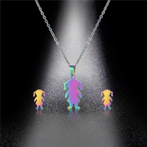 

earrings & necklace european and american jewelry stainless steel cut family series pendant set fashion colorful doll, Silver