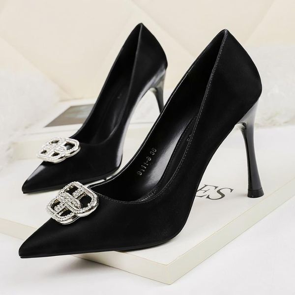 

dress shoes 2021 mature metal belt buckle office women pumps pointed toe fashion shallow women's high heels solid pu leather, Black