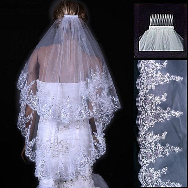 

bridal veils white ivory short veil with comb 75cm women wedding dress sequins lace appliqued edge two layers tulle, Black