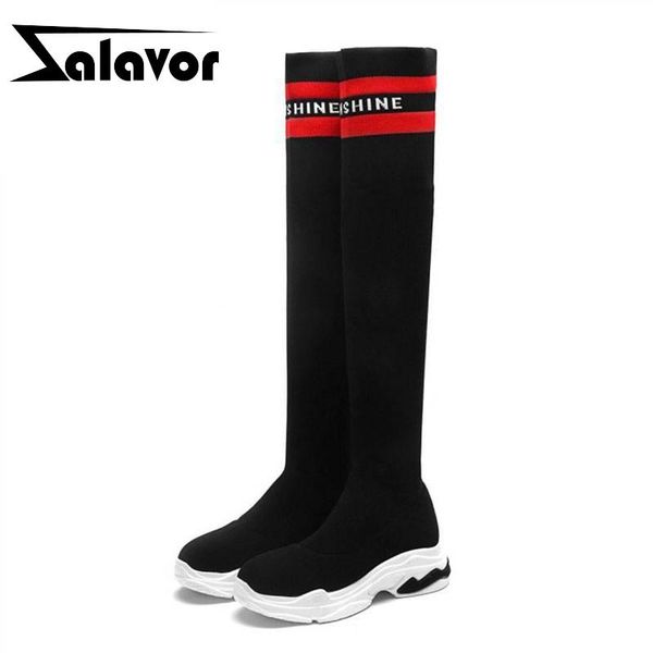 

boots zalavor women over knee mixed color thick bottom stretch botas ladies fashion woman shoes winter footwear size 34-40, Black