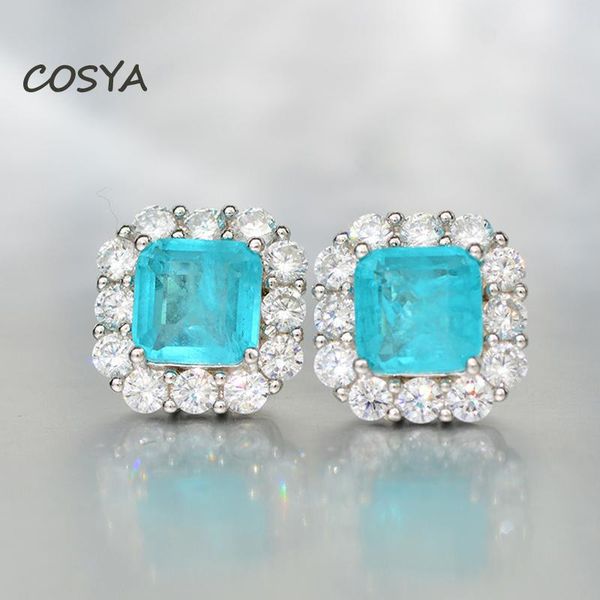 

dangle & chandelier cosya 100% 925 sterling silver sky blue paraiba 7*7mm micro-set high carbon diamond luxury female wedding earrings fine