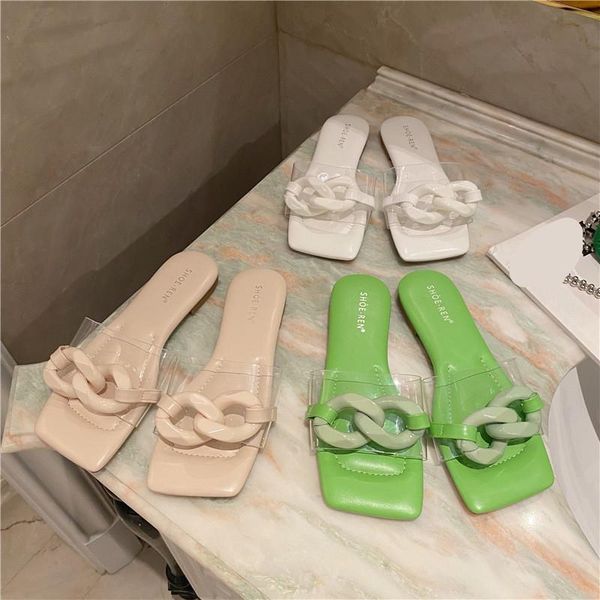 

slippers shoes woman's square toe low loafers slides transparent heel rivet 2021 summer flat fabric rubber metal decoration basi, Black