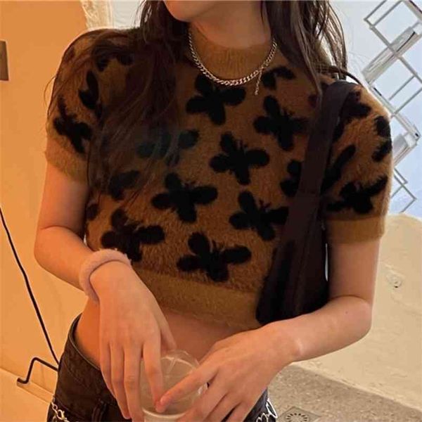 

summer woman o-neck cute butterfly crop knitted cropped short-sleeved korean sweet pullover sweater 210514, White;black