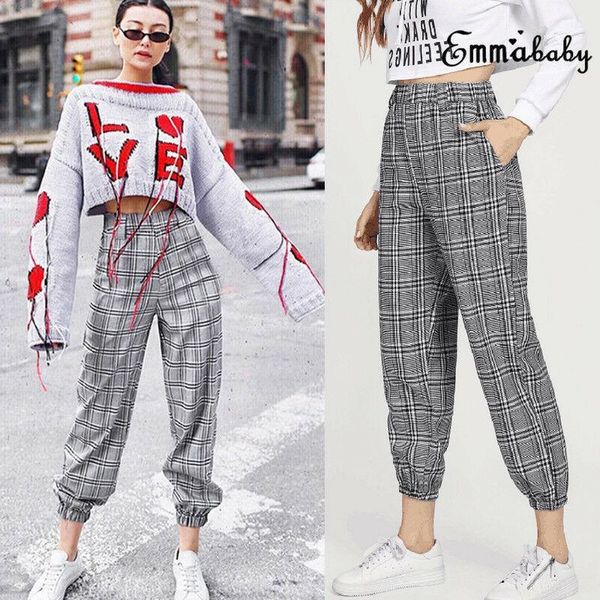 

women's pants & capris fashion plaid stretchy high waist harem loose elastic drawstring pencil trousers belt slim, Black;white