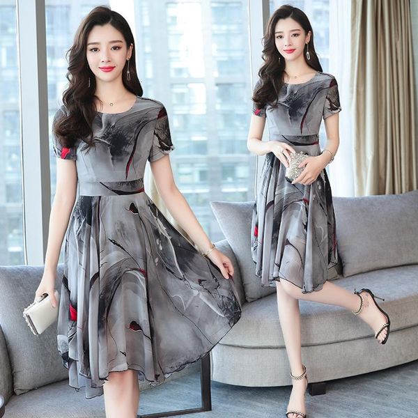 

korean vintage boho dresses summer plus size print chiffon sundress elegant women beach midi bodycon short sleeve vestidos, Black;gray