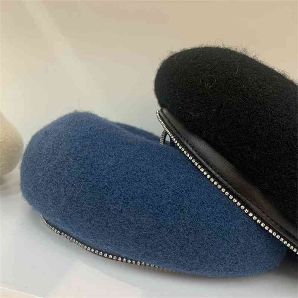 

design children's autumn and winter wool solid color versatile rhinestone beret british octagonal hat casual painter's 70% off, Blue;gray