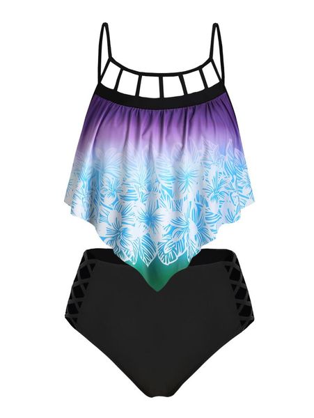 

two-piece suits floral cut out overlay lattice plus size tankini swimsuit
