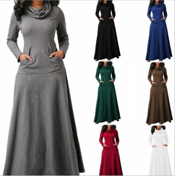 

casual dresses women warm dress with pocket solid vintage autumn winter maxi robe bow neck long elegant, Black;gray