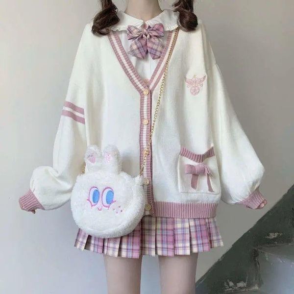 

women's knits & tees knit cardigan woman sweet girl knitting sweater lazy college style loose sleeve harajuku jk uniform kawaii coat, White