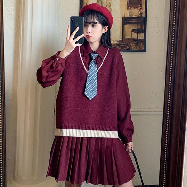 

casual dresses houzhou women kawaii dress two-piece suit preppy style sweet loose long sleeve shirt spring autumn korean outfits, Black;gray