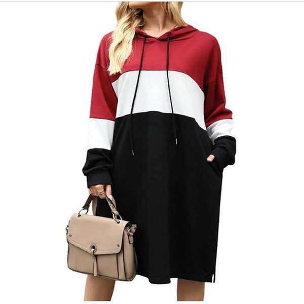 

women's hoodies & sweatshirts autumn 2021 europe-usa style women/girl color matching draw string long sleeve loose hooded dress s-5xl, Black