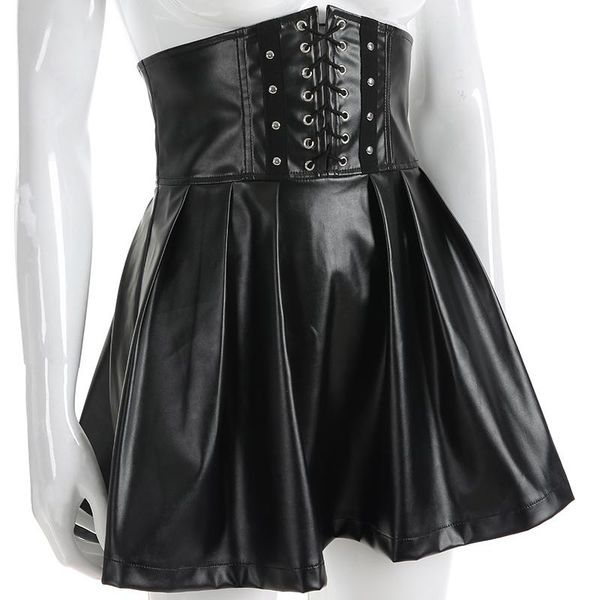 

skirts black pu leather gothic womens moda mujer back zipper front bandage high waist pleated skirt festival