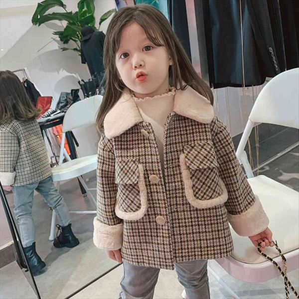 

girls coat with plaid wool collar and cotton heavy winter kid, Blue;gray