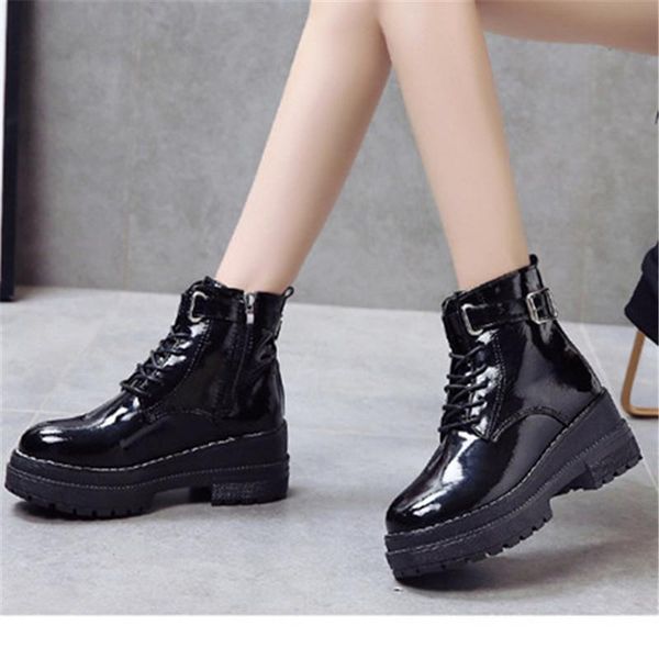 

boots autumn winter waterproof ankle patent leather black heels 6.5cm platforms 2021 noir zapatos mujer planos invierno