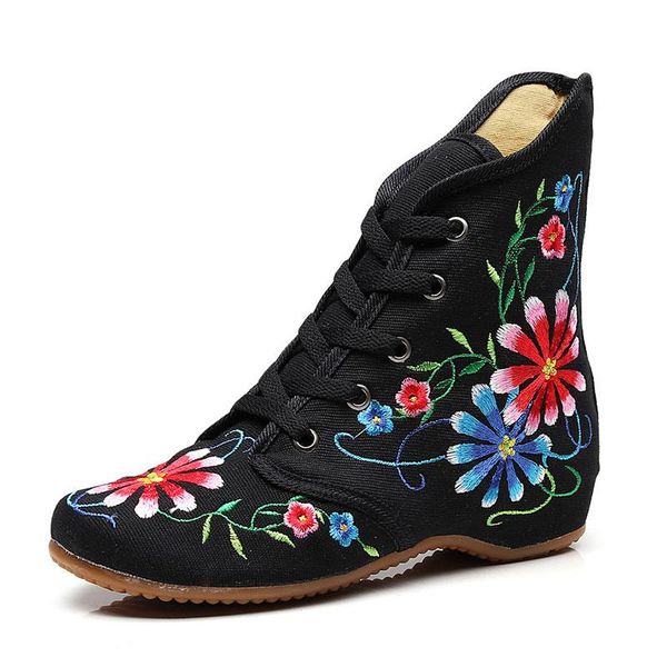 

boots crcchenxi retro women embroidered cotton lace-up short flat boots,autumn ladies casual chinese embroidery shoes comfort booties, Black