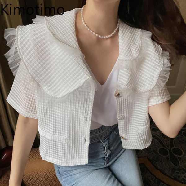 

women's blouses & shirts kimotimo blouse mujer women korean chic gentle double layer doll collar beaded mesh stitching sweet loose shor, White