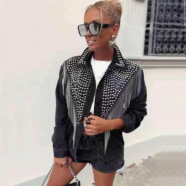 

women rivet denim jakcet tassel jean jackets turn down collar single breasted female coats 2020 ladies streetwear trending cx200811, Black