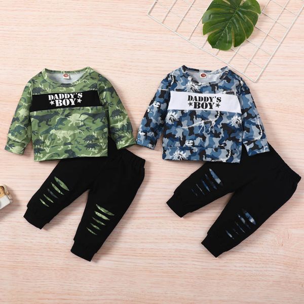 

boys outfits kids clothing sets baby clothes children suits long-sleeved dinosaur letter t-shirts hole pants trousers 2pcs b8466, White