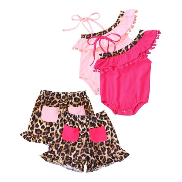 

clothing sets infant off-shouler romper + shorts leopard print bandage pocket tassel decoration summer children's, White