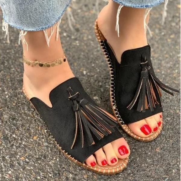 

fringe rubber flip flops slippers women summer flat shoes female slides low hawaiian rome basic hoof heels pu fabric, Black
