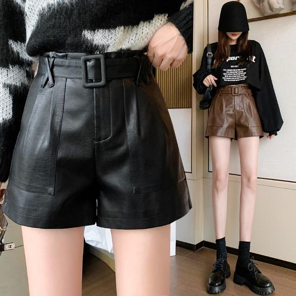 

women's shorts pu leather high waist wide leg women 2021 autumn and winter fashion solid color retro bag hip boots pants with belt, White;black