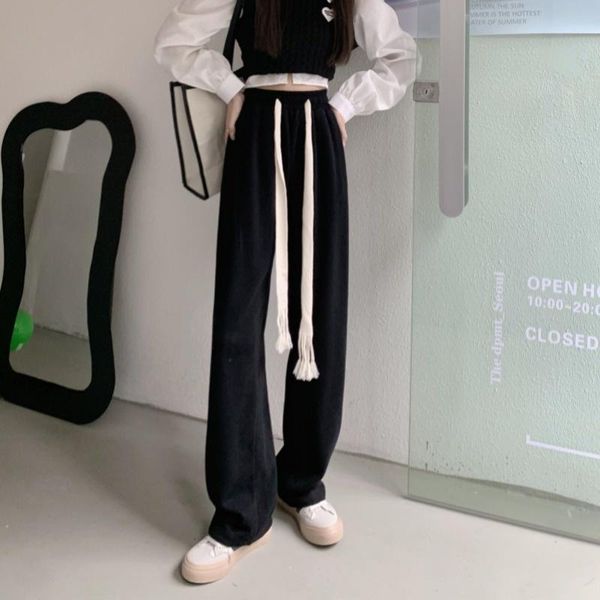 

women's pants & capris casual children's autumn style high street fashion loose straight with drawcord and wide leg 2021 rac, Black;white