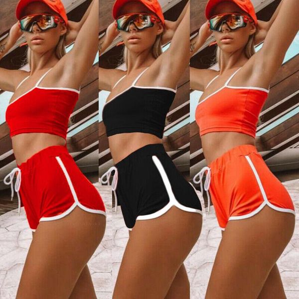 

yoga outfit hirigin women 2pcs sport set solid color sling crop slim high waist drawing straps elastic band short pants workout
