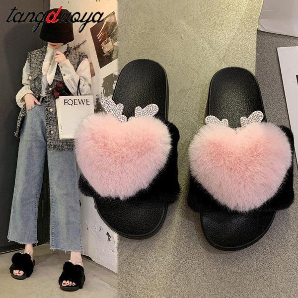 

heart-shaped rhinestone girl luxury fluffy fur slippers ladies indoor warm furry flip flops women amazing plush slides, Black
