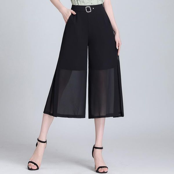 

women's pants & capris women plus size 4xl high waisted black wide leg 2021 summer female vintage elegant see through casual loose 1156, Black;white