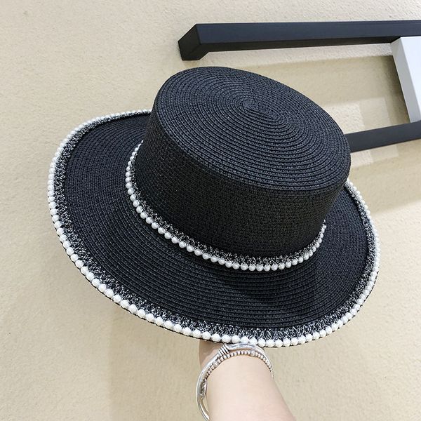 

french elegant pearl flat straw hat for women's travel, Yellow