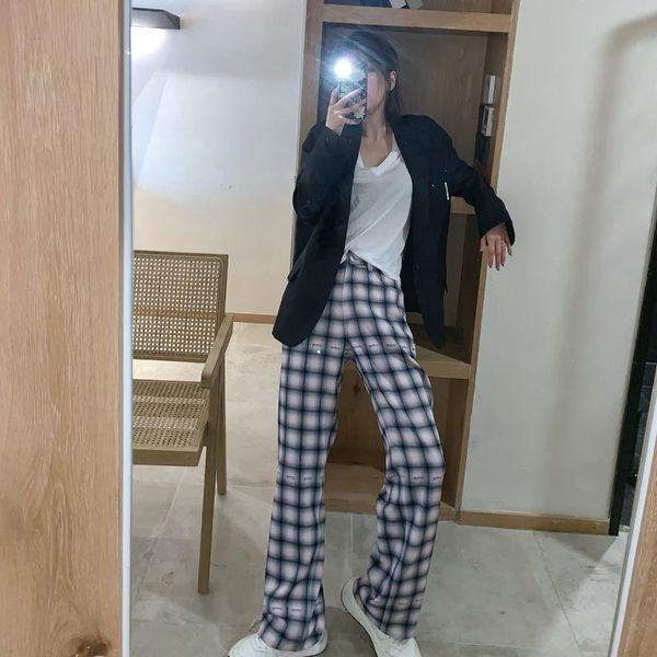

women's pants & capris long legs nostalgic style plaid wide, Black;white