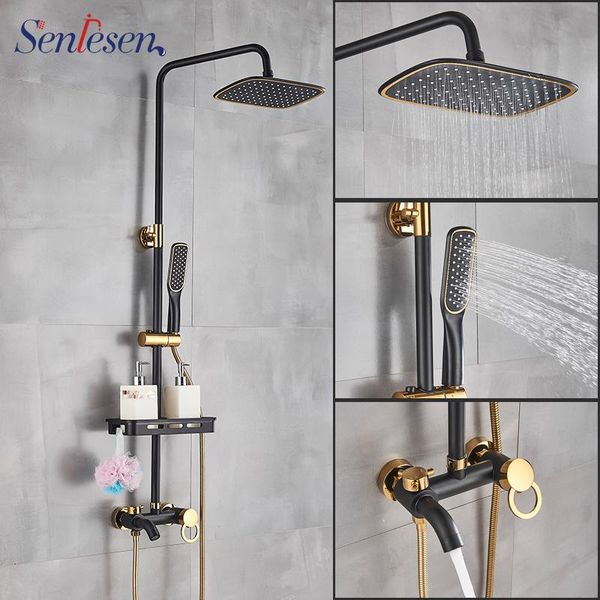 

senlesen black + gold plated copper bath shower faucet bathroom set mixer adjust height sets