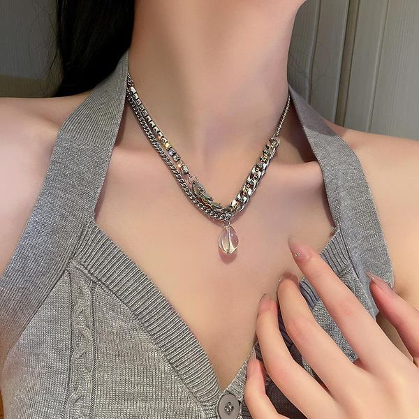 

chains hip hop alloy necklace double inlaid rhinestone chain design water drop pendant lady necklaces for party fashion accessories, Silver